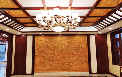 中堂镇中式别墅客厅中式木作横梁吊顶装饰展示
